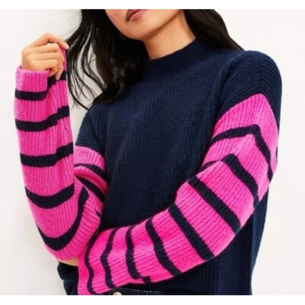 LOFT Blue Colorblock Striped Sleeve Mock Neck‎ Pullover Sweater Knit - Size S